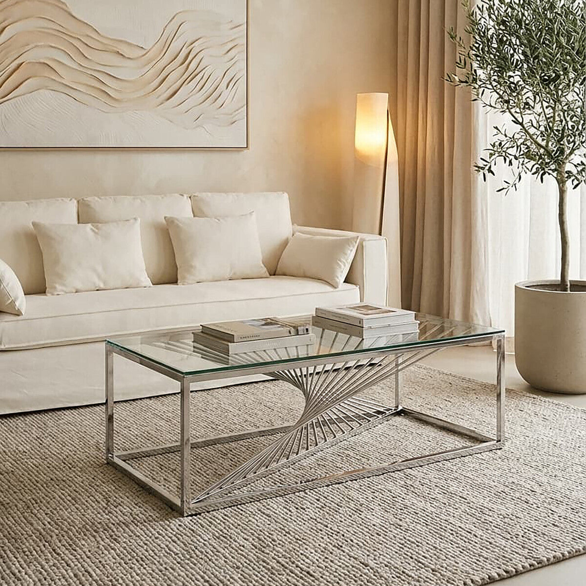 Silver Steel Frame Coffee Table With Glass Top, Amella