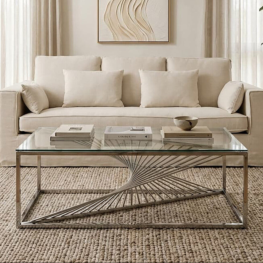Silver Steel Frame Coffee Table With Glass Top, Amella
