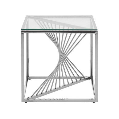 Silver Stainless Steel Frame End Table With Clear Tempered Glass Top & Spiral Staircase Inspired Centre, Amella