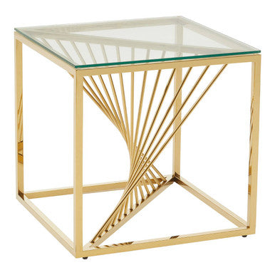 Clear Tempered Glass Top End Table With Gold Frame & Inner Twisted Staircase Design, Amella