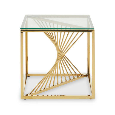 Clear Tempered Glass Top End Table With Gold Frame & Inner Twisted Staircase Design, Amella