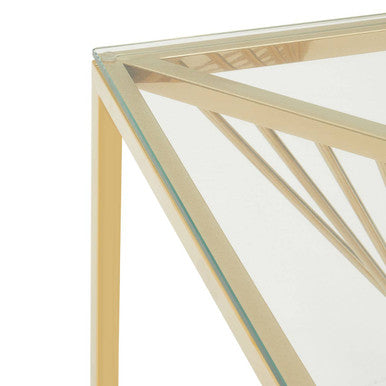 Clear Tempered Glass Top End Table With Gold Frame & Inner Twisted Staircase Design, Amella