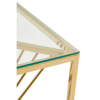 Clear Tempered Glass Top End Table With Gold Frame & Inner Twisted Staircase Design, Amella
