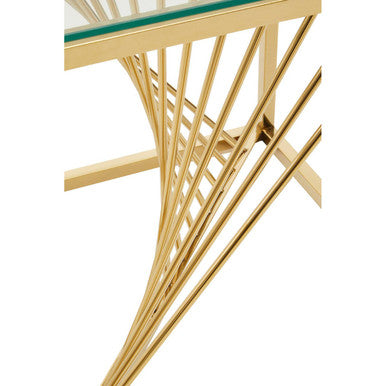 Clear Tempered Glass Top End Table With Gold Frame & Inner Twisted Staircase Design, Amella
