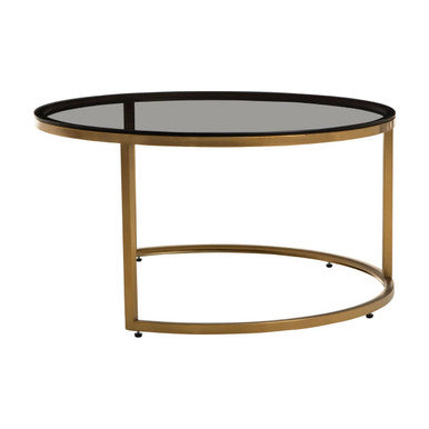Set Of 2 Black Tinted Glass Round Tops Nesting Coffee Tables With Brushed Gold Stainless Steel Frames, Alana
