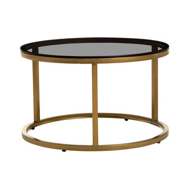 Set Of 2 Black Tinted Glass Round Tops Nesting Coffee Tables With Brushed Gold Stainless Steel Frames, Alana