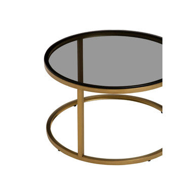 Set Of 2 Black Tinted Glass Round Tops Nesting Coffee Tables With Brushed Gold Stainless Steel Frames, Alana