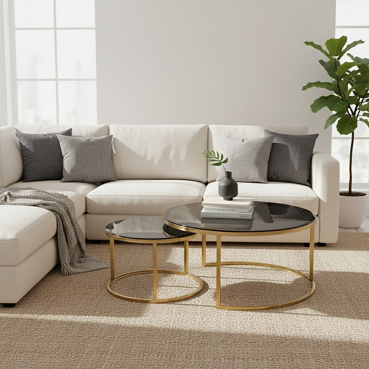 Set Of 2 Black Tinted Glass Round Tops Nesting Coffee Tables With Brushed Gold Stainless Steel Frames, Alana