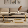 Set Of 2 Black Tinted Glass Round Tops Nesting Coffee Tables With Brushed Gold Stainless Steel Frames, Alana