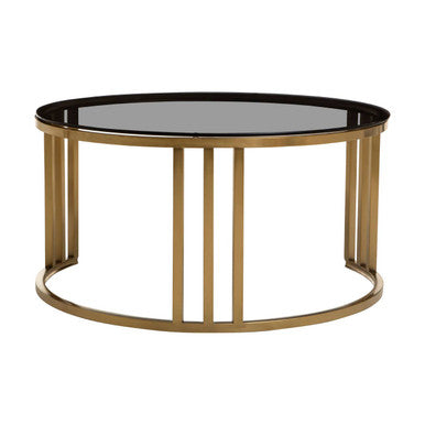 Set Of 2 Tinted Glass Round Tops Nesting Coffee Tables With Brushed Gold Stainless Steel Frames, Alana