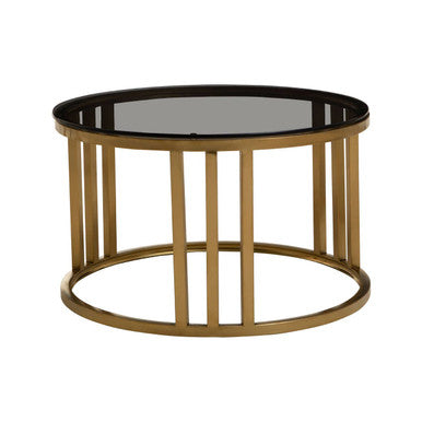 Set Of 2 Tinted Glass Round Tops Nesting Coffee Tables With Brushed Gold Stainless Steel Frames, Alana