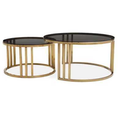 Set Of 2 Tinted Glass Round Tops Nesting Coffee Tables With Brushed Gold Stainless Steel Frames, Alana