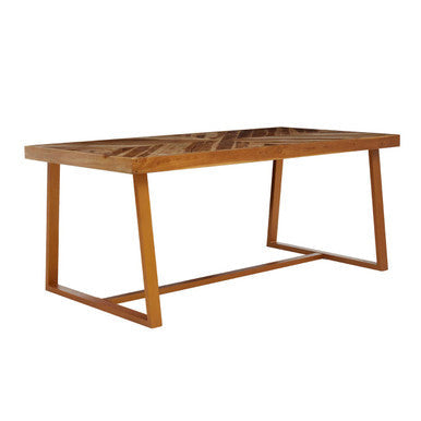 Natural Teak Wood Dining Table With Herringbone Top & Gold Metal Frame, Kendari