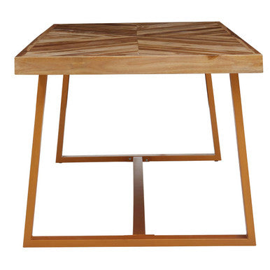 Natural Teak Wood Dining Table With Herringbone Top & Gold Metal Frame, Kendari