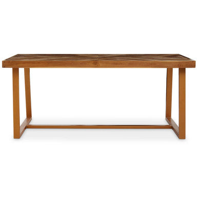 Natural Teak Wood Dining Table With Herringbone Top & Gold Metal Frame, Kendari