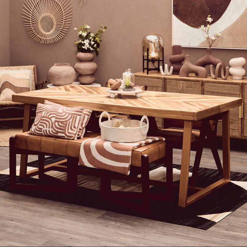 Natural Teak Wood Dining Table With Herringbone Top & Gold Metal Frame, Kendari