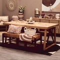 Natural Teak Wood Dining Table With Herringbone Top & Gold Metal Frame, Kendari