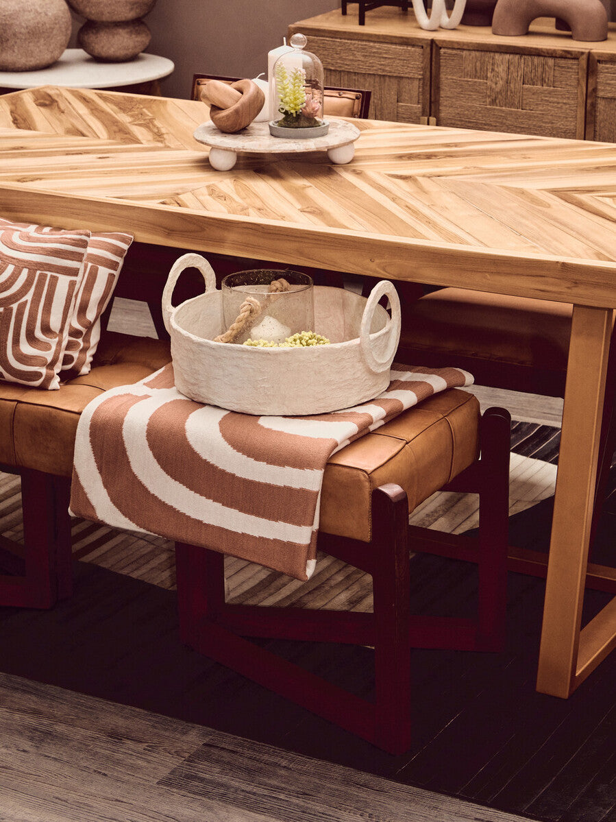 Natural Teak Wood Dining Table With Herringbone Top & Gold Metal Frame, Kendari
