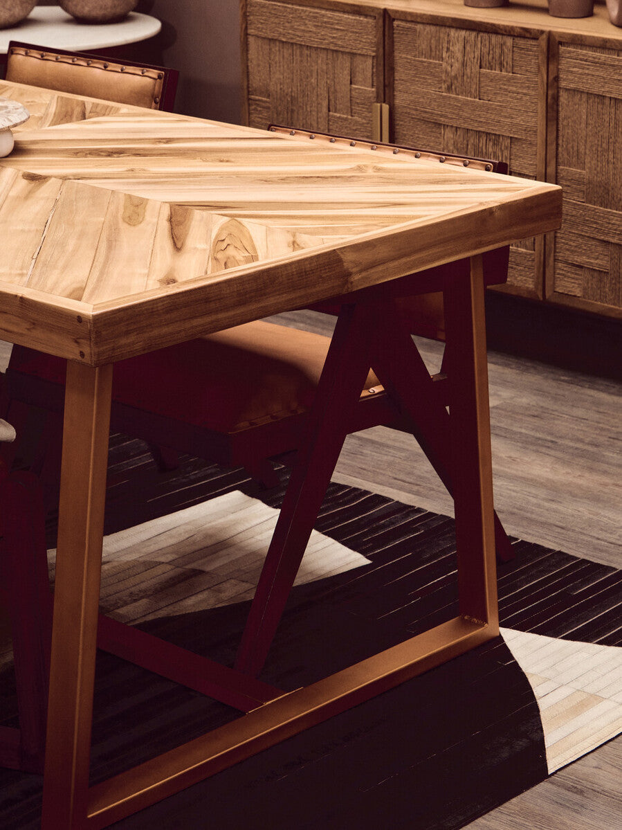 Natural Teak Wood Dining Table With Herringbone Top & Gold Metal Frame, Kendari
