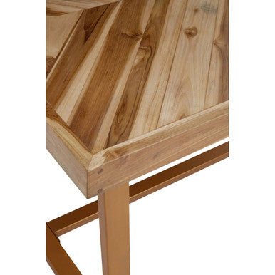 Natural Teak Wood Dining Table With Herringbone Top & Gold Metal Frame, Kendari