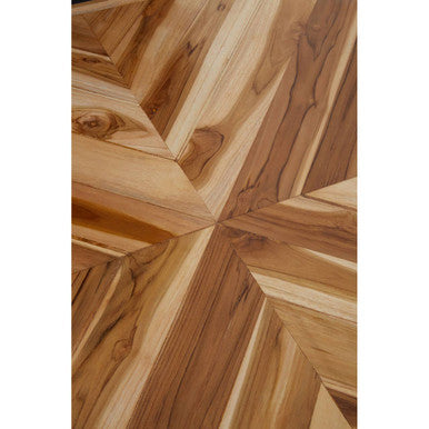 Natural Teak Wood Dining Table With Herringbone Top & Gold Metal Frame, Kendari