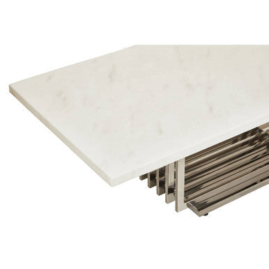 White Marble Top Coffee Table With Silver Geometric Stainless Steel Frame, Moda