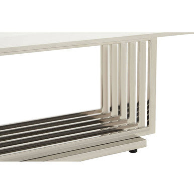 White Marble Top Coffee Table With Silver Geometric Stainless Steel Frame, Moda