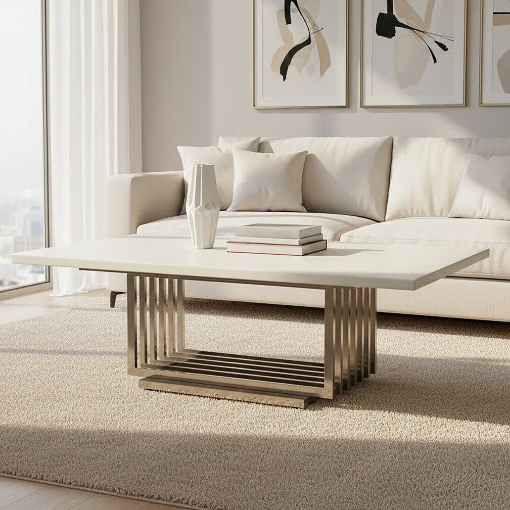 White Marble Top Coffee Table With Silver Geometric Stainless Steel Frame, Moda