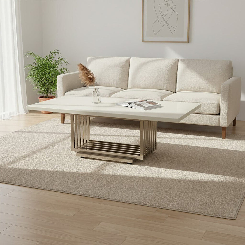 White Marble Top Coffee Table With Silver Geometric Stainless Steel Frame, Moda