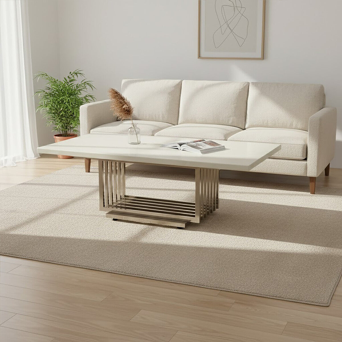 White Marble Top Coffee Table With Silver Geometric Stainless Steel Frame, Moda