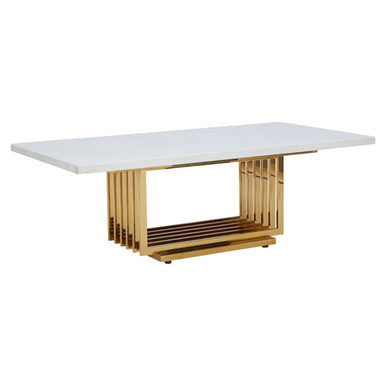 Ivory White Marble Top Coffee Table With Geometric Gold Finished Stainless Steel Frame, Moda