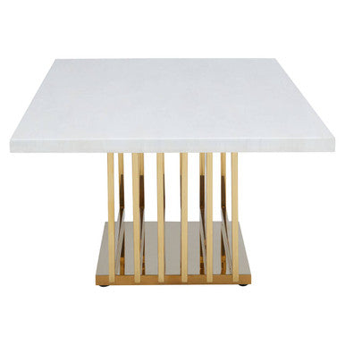 Ivory White Marble Top Coffee Table With Geometric Gold Finished Stainless Steel Frame, Moda