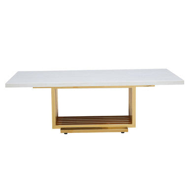 Ivory White Marble Top Coffee Table With Geometric Gold Finished Stainless Steel Frame, Moda