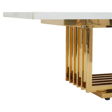 Ivory White Marble Top Coffee Table With Geometric Gold Finished Stainless Steel Frame, Moda