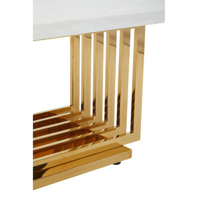 Ivory White Marble Top Coffee Table With Geometric Gold Finished Stainless Steel Frame, Moda