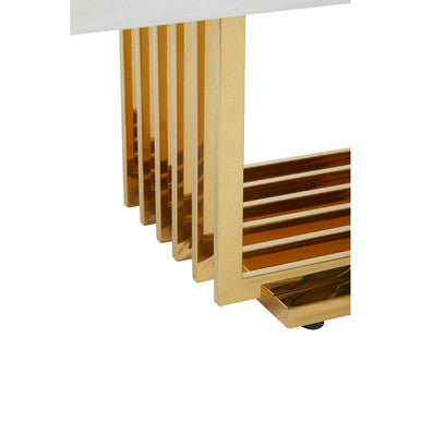Ivory White Marble Top Coffee Table With Geometric Gold Finished Stainless Steel Frame, Moda