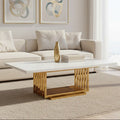 Ivory White Marble Top Coffee Table With Geometric Gold Finished Stainless Steel Frame, Moda