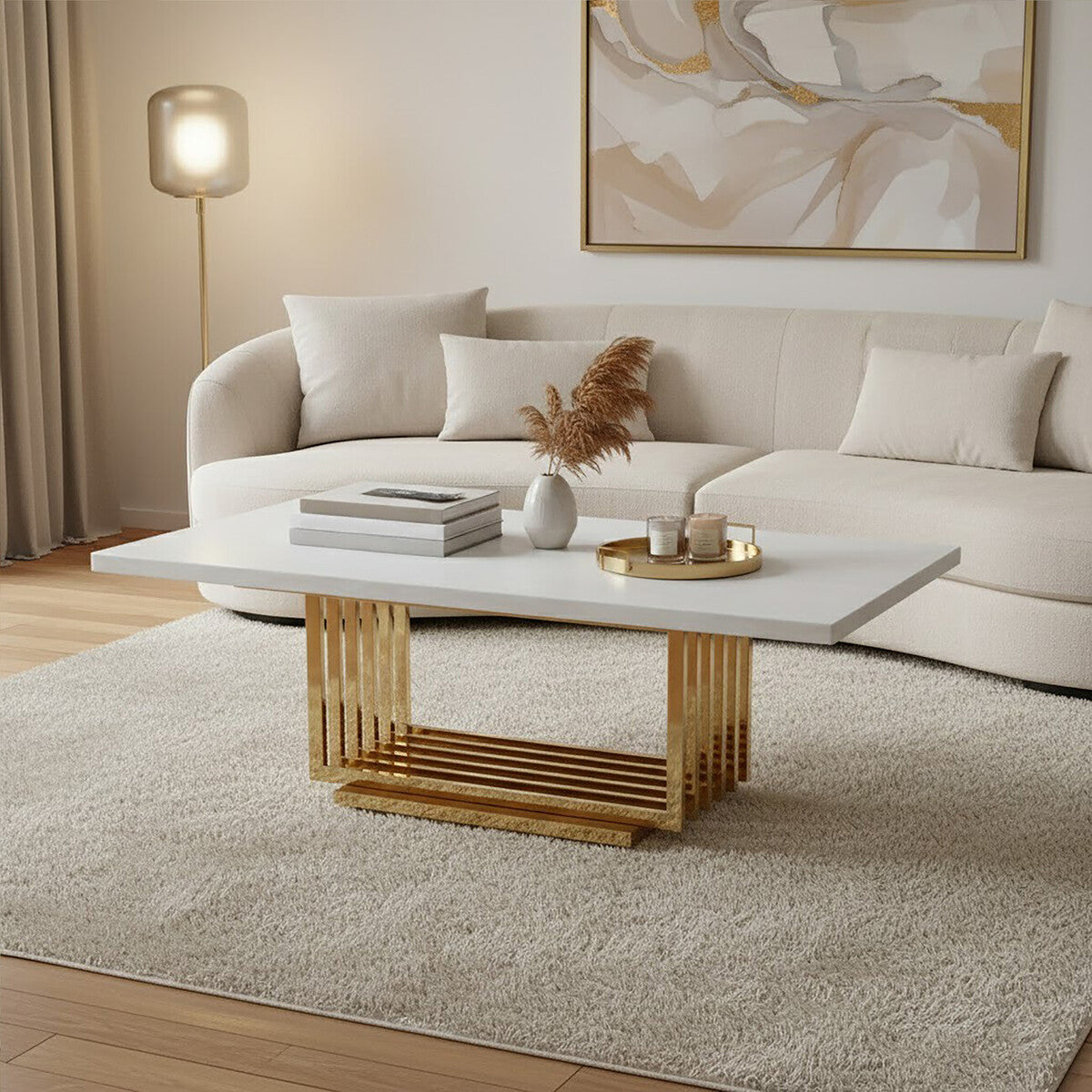 Ivory White Marble Top Coffee Table With Geometric Gold Finished Stainless Steel Frame, Moda