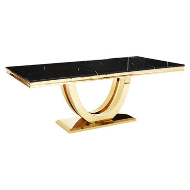 Black Marble Rectangular Top Dining Table With Brushed Gold Geometric Frame, Moda