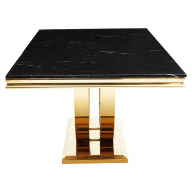 Black Marble Rectangular Top Dining Table With Brushed Gold Geometric Frame, Moda