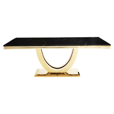 Black Marble Rectangular Top Dining Table With Brushed Gold Geometric Frame, Moda