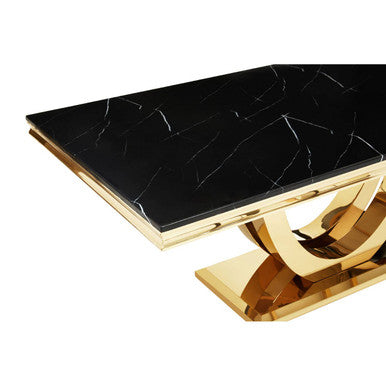 Black Marble Rectangular Top Dining Table With Brushed Gold Geometric Frame, Moda