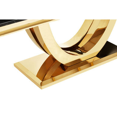 Black Marble Rectangular Top Dining Table With Brushed Gold Geometric Frame, Moda