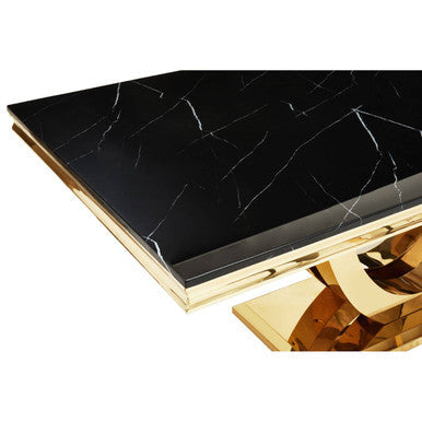 Black Marble Rectangular Top Dining Table With Brushed Gold Geometric Frame, Moda