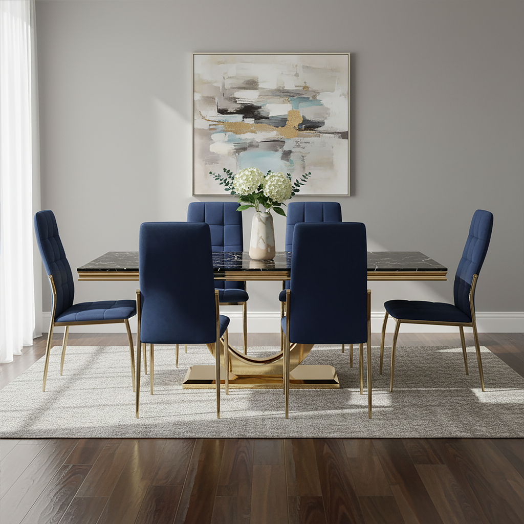 Black Marble Rectangular Top Dining Table With Brushed Gold Geometric Frame, Moda