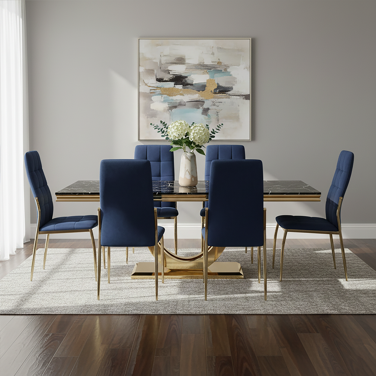 Black Marble Rectangular Top Dining Table With Brushed Gold Geometric Frame, Moda