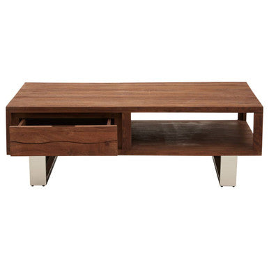Brown Acacia Wood 1-Drawer Coffee Table With 1 Open Shelf & Stainless Steel Legs, Simla