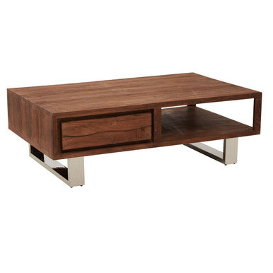 Brown Acacia Wood 1-Drawer Coffee Table With 1 Open Shelf & Stainless Steel Legs, Simla