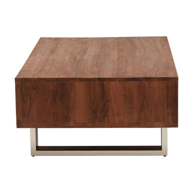 Brown Acacia Wood 1-Drawer Coffee Table With 1 Open Shelf & Stainless Steel Legs, Simla
