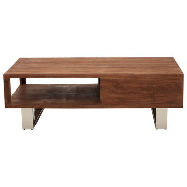 Brown Acacia Wood 1-Drawer Coffee Table With 1 Open Shelf & Stainless Steel Legs, Simla